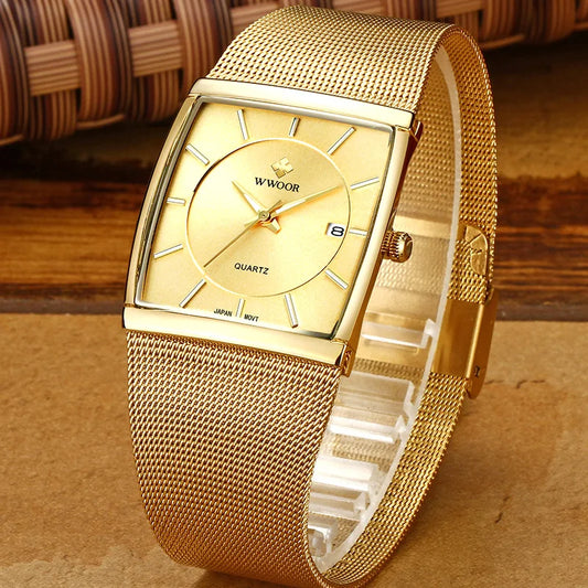 WWOOR Luxury Gold Watch Men Square Japan Quartz Slim Steel Mesh