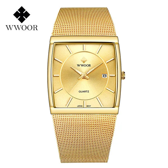 WWOOR Luxury Gold Watch Men Square Japan Quartz Slim Steel Mesh