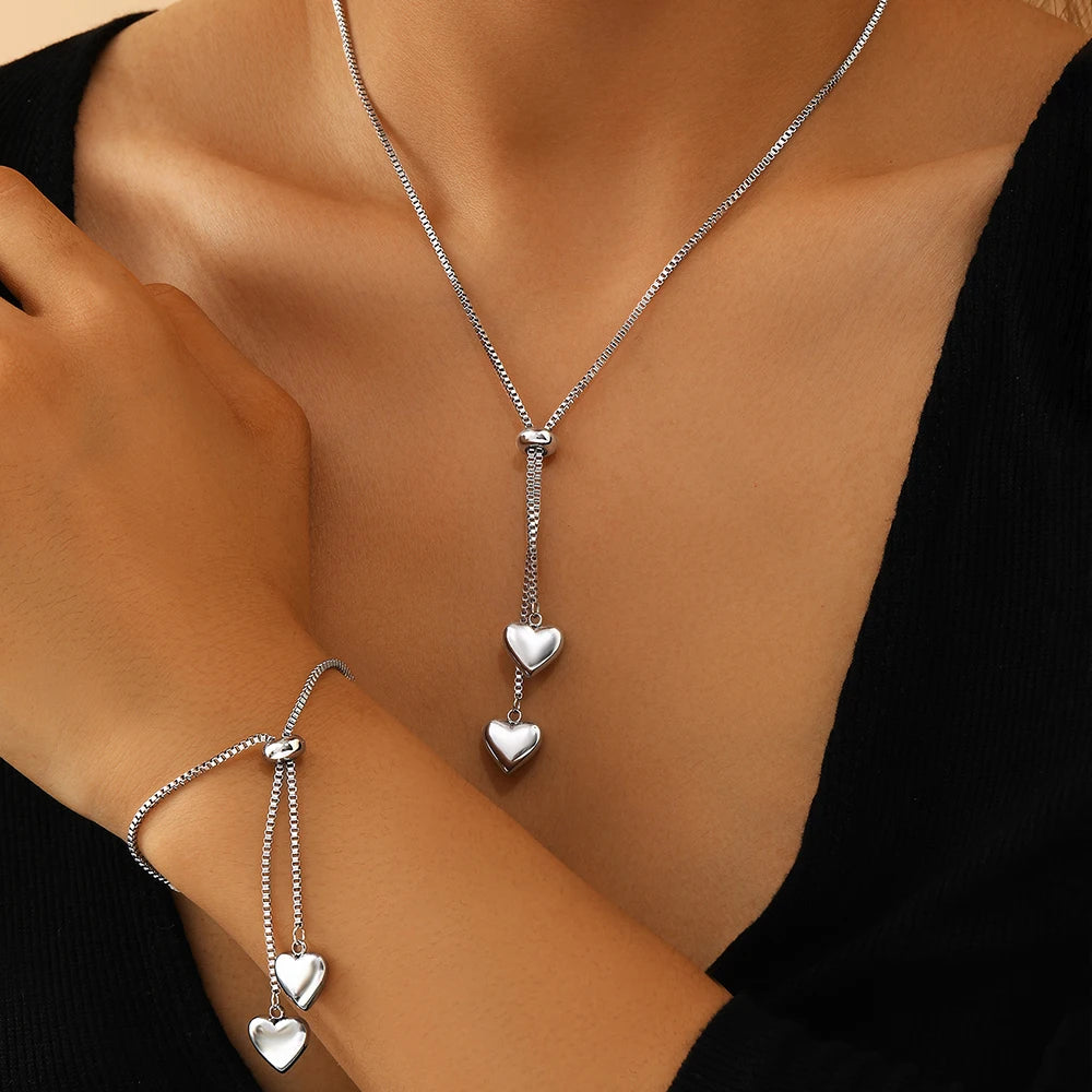 DOTIFI Stainless Steel Heart Bracelet Necklace Set Exquisite Heart Pendant Bohemian Bracelet Necklace Gift Women Fashion Jewelry