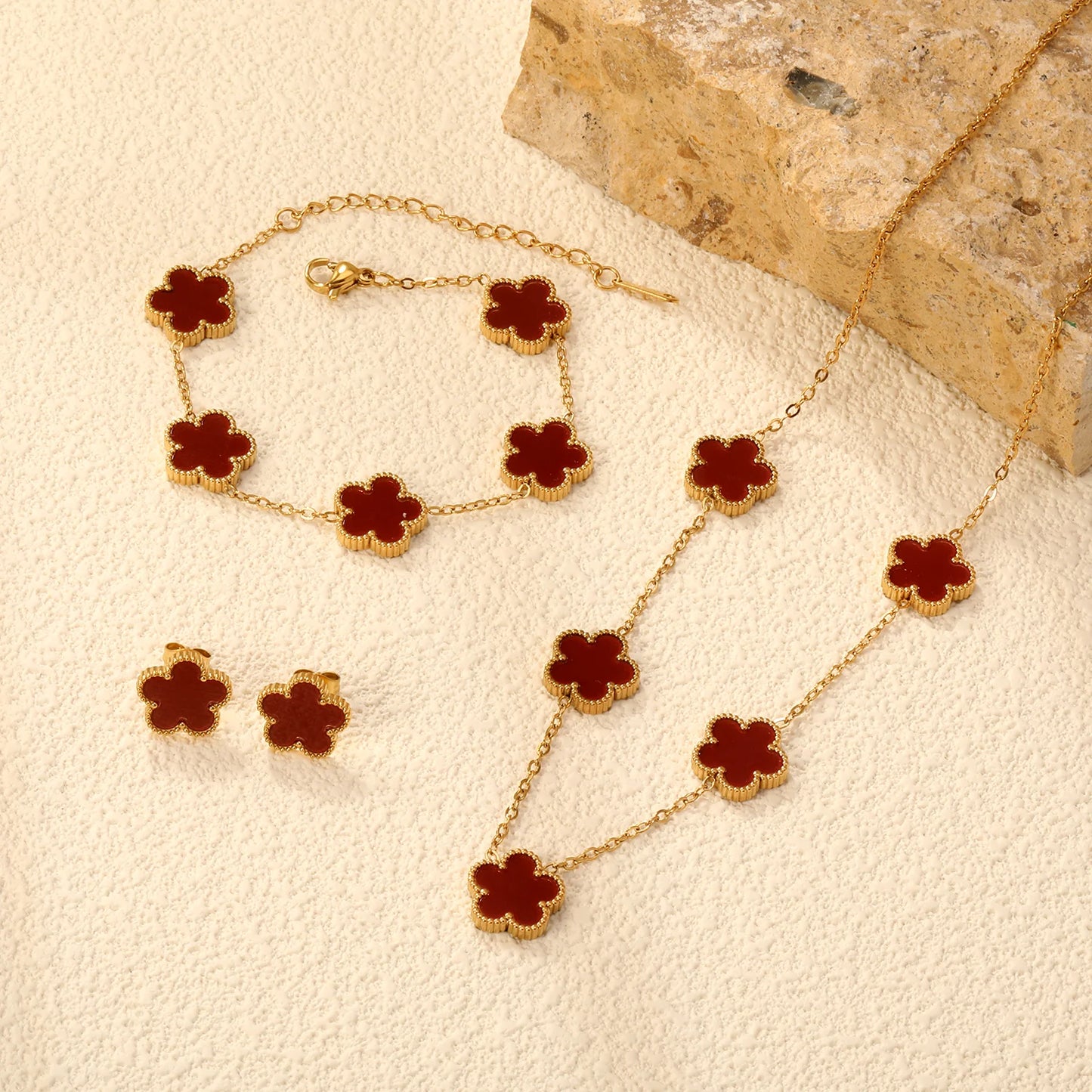Urban Gear-Fashion Flower Necklace Earrings Set Jewelry Women Stainless Steel White Shell Clover Bracelet Jewelry Accessories