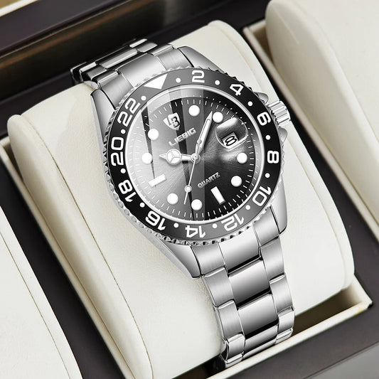 Luxury Men Fashion Watch Silver Stainless Steel Band Waterproof Casual Calendar Quartz Watch Green Business Wristwatch