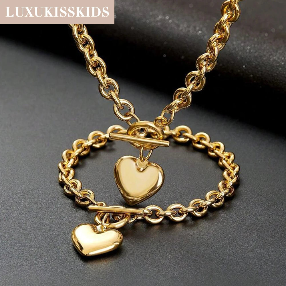 LUXUKISSKIDS Fashion Cubic Love Heart Necklace Earrings Bracelets Stainless Steel Minimalist Jewelry Set Women/Girls Accesories
