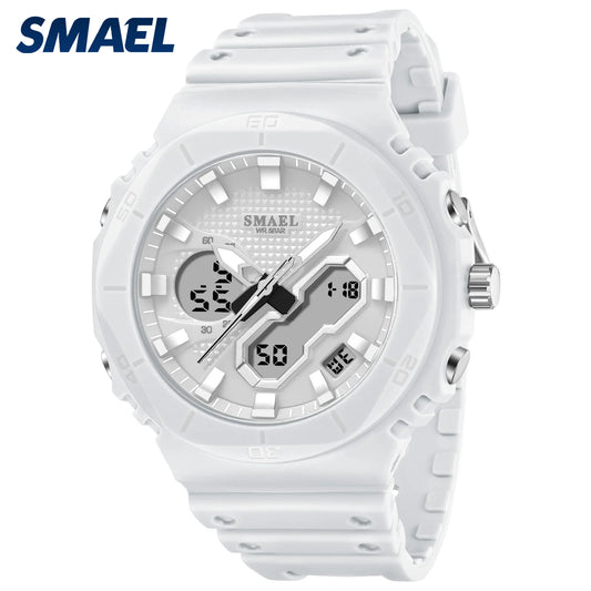 SMAEL Sports Watches 50M Waterproof Dual Time Display Couples Watches Men 8120 White Watches Digital Electronic Wristwatches LED