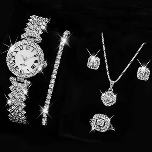 Fashion Luxury Full Crystal 5 Pcs Watch Necklace Earrings Ring Set for Women Rhinestone Wristwatch Female Bracelet Set Gift