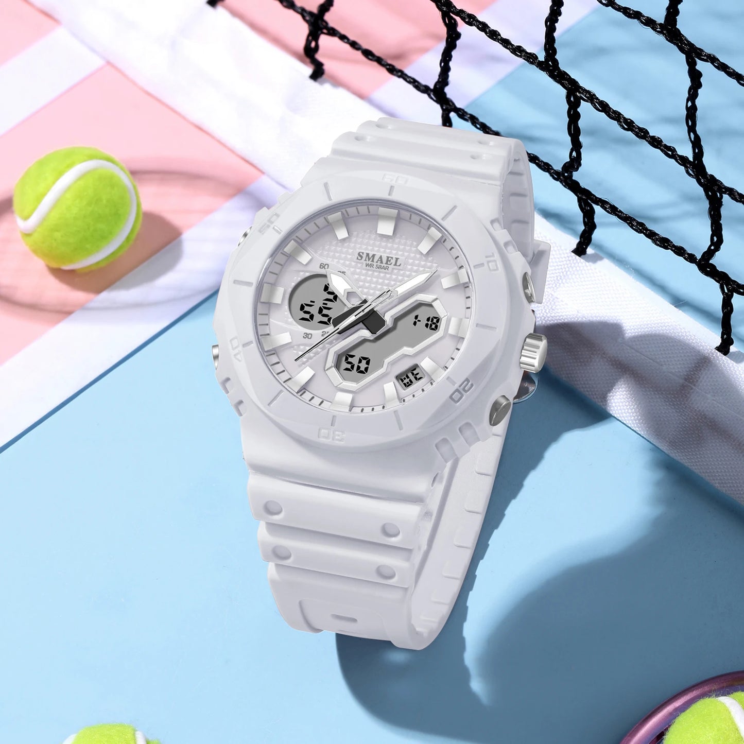 SMAEL Sports Watches 50M Waterproof Dual Time Display Couples Watches Men 8120 White Watches Digital Electronic Wristwatches LED