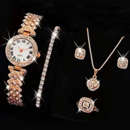 Fashion Luxury Full Crystal 5 Pcs Watch Necklace Earrings Ring Set for Women Rhinestone Wristwatch Female Bracelet Set Gift