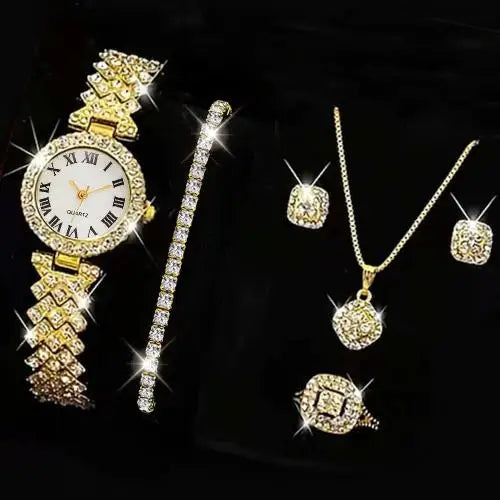 Fashion Luxury Full Crystal 5 Pcs Watch Necklace Earrings Ring Set for Women Rhinestone Wristwatch Female Bracelet Set Gift