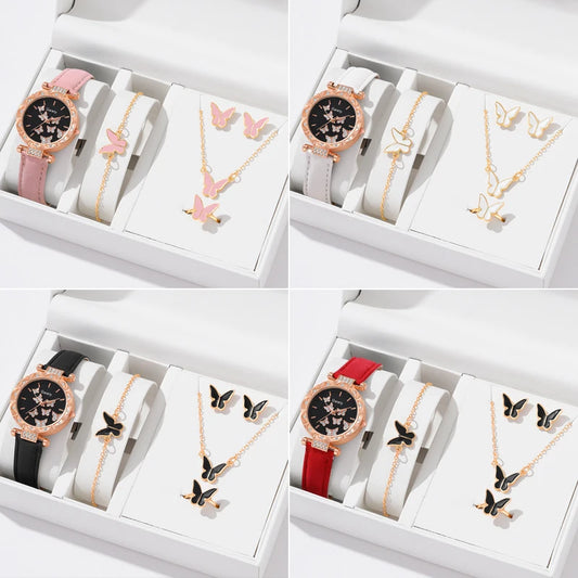 6PCS/Set Simple Element Dial Quartz Women's Watch Latex Strap Butterfly Necklace Bracelet Earrings Ring Jewelry Set Girls Gift