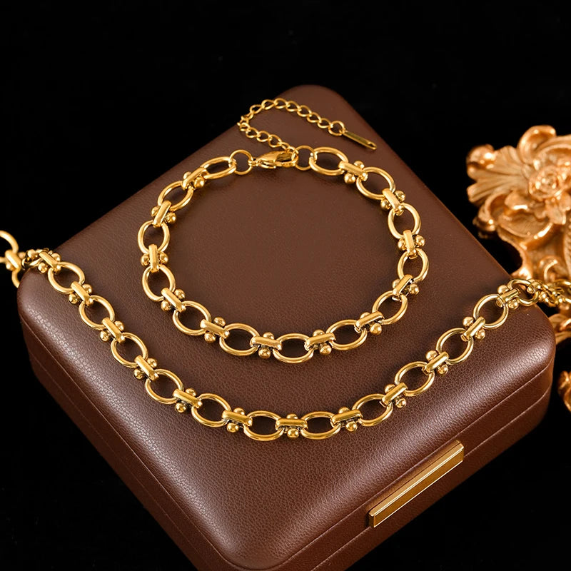 GANEMLY 316L Stainless Steel Metal Chain Necklace Bracelet Set For Women New Trendy Waterproof 18K Gold Plated Jewelry Lady Gift
