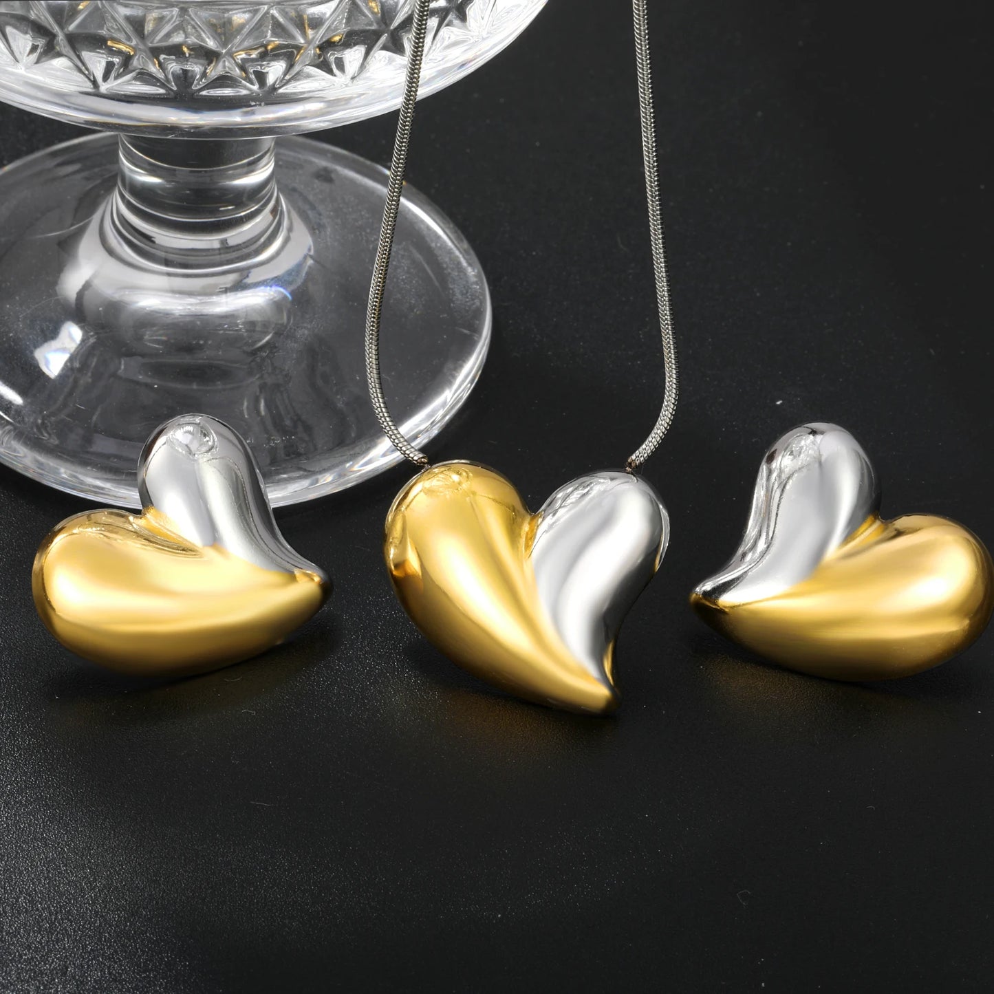 LUXUKISSKIDS Fashion Cubic Love Heart Necklace Earrings Bracelets Stainless Steel Minimalist Jewelry Set Women/Girls Accesories