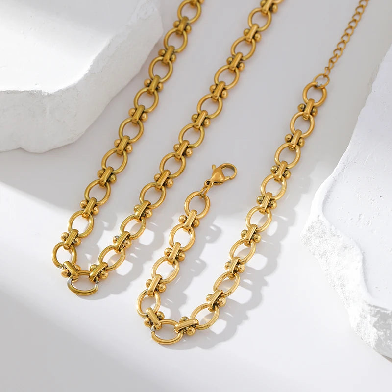 GANEMLY 316L Stainless Steel Metal Chain Necklace Bracelet Set For Women New Trendy Waterproof 18K Gold Plated Jewelry Lady Gift