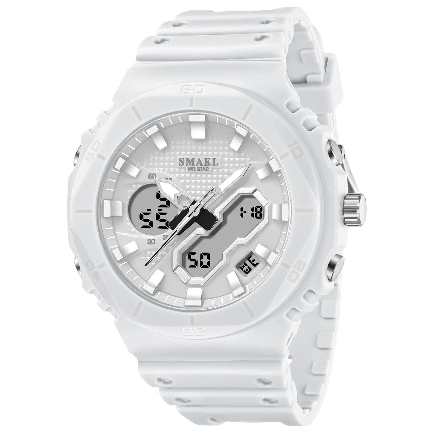 SMAEL Sports Watches 50M Waterproof Dual Time Display Couples Watches Men 8120 White Watches Digital Electronic Wristwatches LED