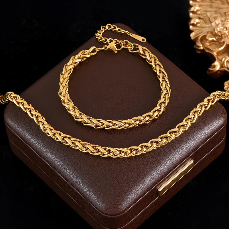 GANEMLY 316L Stainless Steel Metal Chain Necklace Bracelet Set For Women New Trendy Waterproof 18K Gold Plated Jewelry Lady Gift