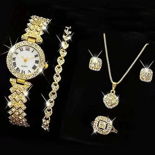 Fashion Luxury Full Crystal 5 Pcs Watch Necklace Earrings Ring Set for Women Rhinestone Wristwatch Female Bracelet Set Gift