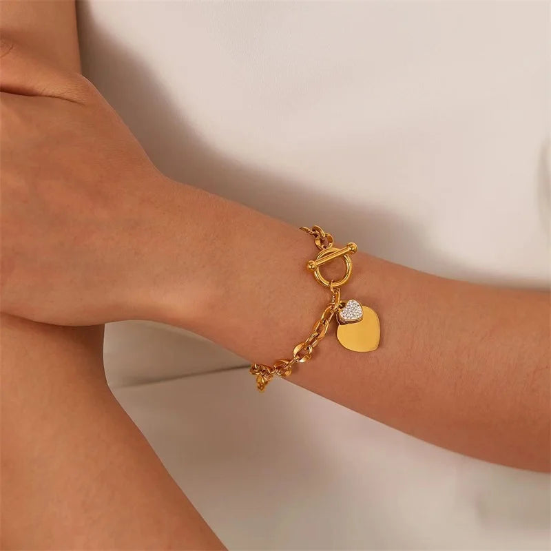 EILIECK New Fashion Stainless Steel Metal Double Heart Necklace Bracelet For Women Fashion Waterproof 3-Color Jewelry Set Gift
