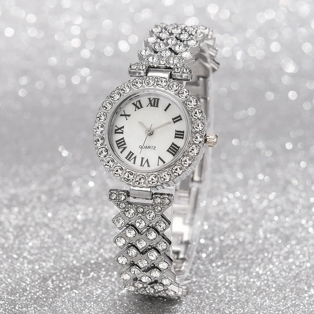 Fashion Luxury Full Crystal 5 Pcs Watch Necklace Earrings Ring Set for Women Rhinestone Wristwatch Female Bracelet Set Gift