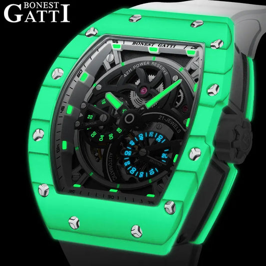 BONEST GATTI Men Automatic Movement Mechanical Watch Carbon Fiber Bezel Tonneau Luminous Case Fluororubber Strap Watches For Men