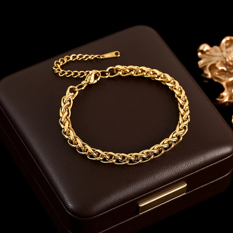 GANEMLY 316L Stainless Steel Metal Chain Necklace Bracelet Set For Women New Trendy Waterproof 18K Gold Plated Jewelry Lady Gift