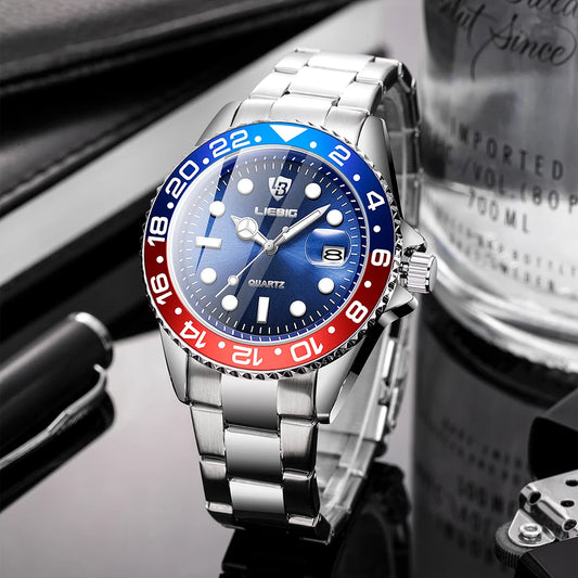 Luxury Men Fashion Watch Silver Stainless Steel Band Waterproof Casual Calendar Quartz Watch Green Business Wristwatch