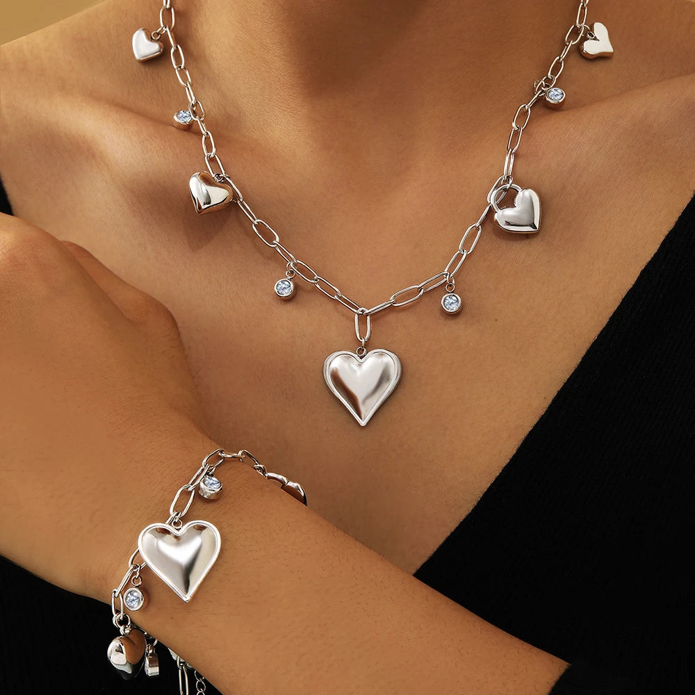 DOTIFI Stainless Steel Heart Bracelet Necklace Set Exquisite Heart Pendant Bohemian Bracelet Necklace Gift Women Fashion Jewelry