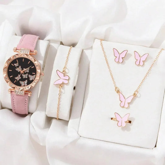 6pcs Luxury Watches Women's Ring Necklace Earrings Bracelet Set Watch Butterfly Leather strap Women's Quartz Watch No case