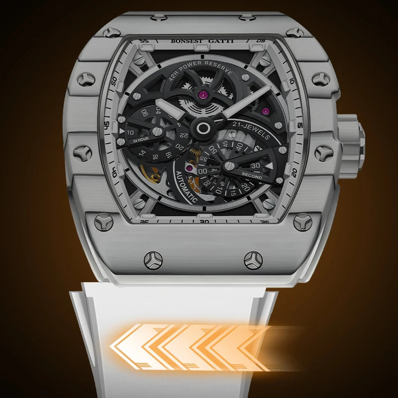 BONEST GATTI Men Automatic Movement Mechanical Watch Carbon Fiber Bezel Tonneau Luminous Case Fluororubber Strap Watches For Men