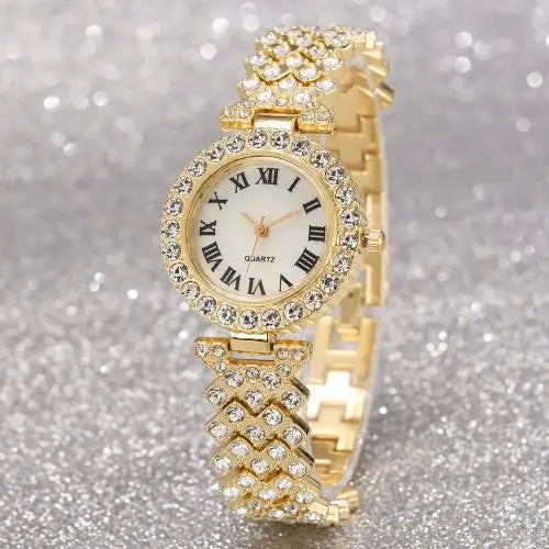 Fashion Luxury Full Crystal 5 Pcs Watch Necklace Earrings Ring Set for Women Rhinestone Wristwatch Female Bracelet Set Gift