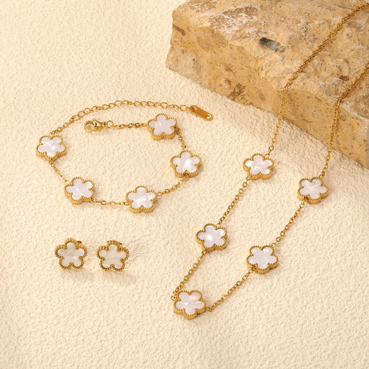 Urban Gear-Fashion Flower Necklace Earrings Set Jewelry Women Stainless Steel White Shell Clover Bracelet Jewelry Accessories