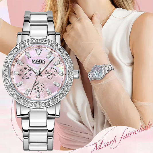 Mark Fairwhale Dress Pink Diamond Watch For Women Fashion Ceramic Chain Quartz Watch Luxury Brilliant Beimu Wristwatch Ladies