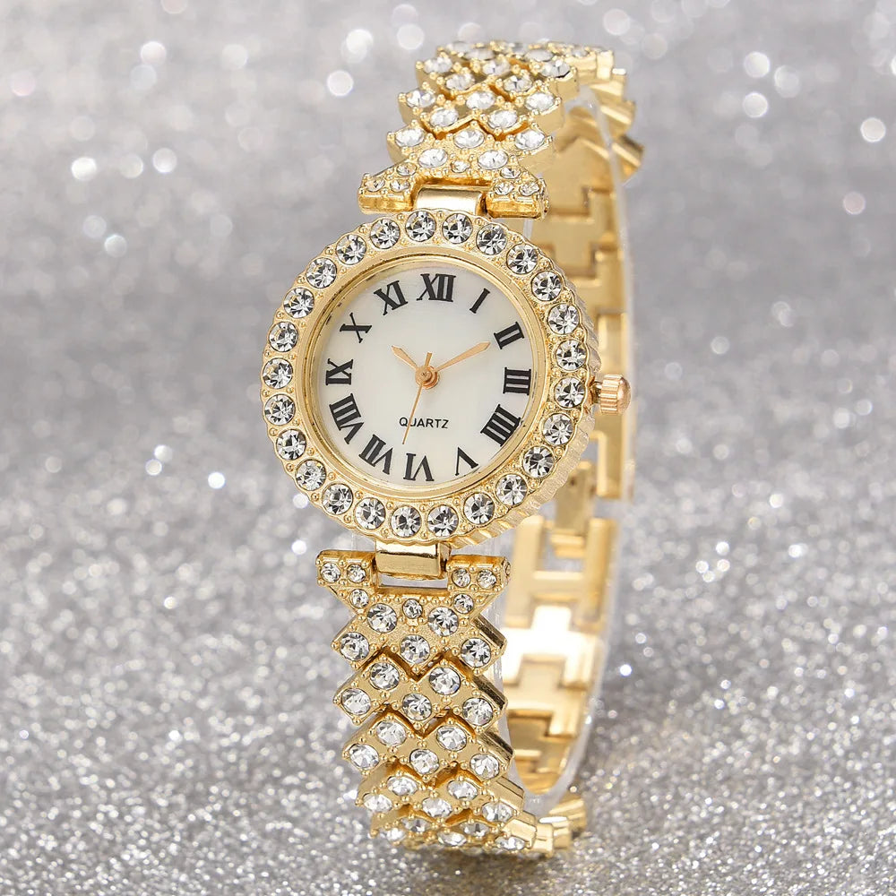 Fashion Luxury Full Crystal 5 Pcs Watch Necklace Earrings Ring Set for Women Rhinestone Wristwatch Female Bracelet Set Gift