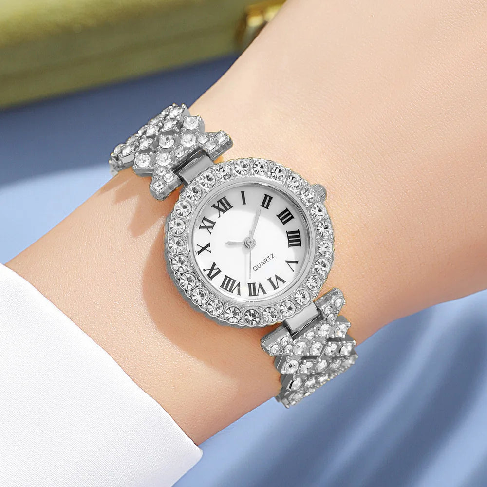 Fashion Luxury Full Crystal 5 Pcs Watch Necklace Earrings Ring Set for Women Rhinestone Wristwatch Female Bracelet Set Gift