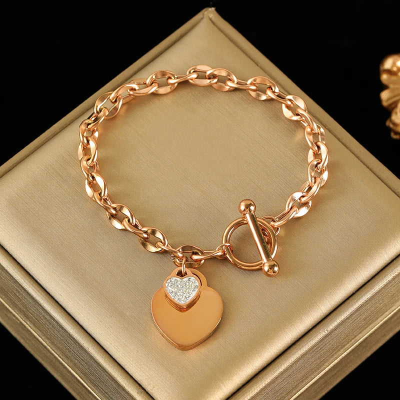 EILIECK New Fashion Stainless Steel Metal Double Heart Necklace Bracelet For Women Fashion Waterproof 3-Color Jewelry Set Gift