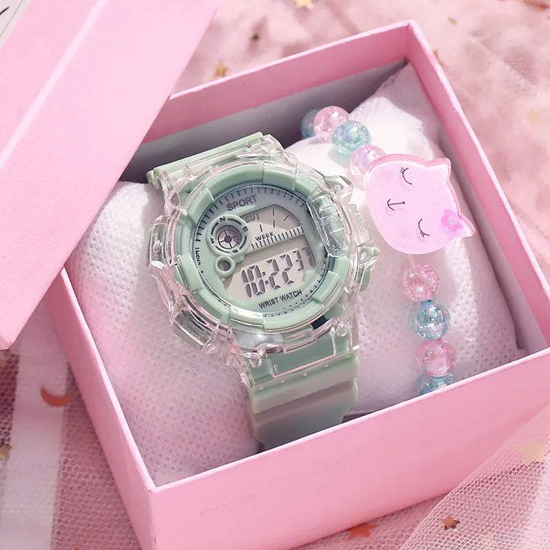 Children's Electronic Watch Teenage Couple Fashion Sports Multifunctional Watch and Acrylic Beaded Bracelet Set Gift for Kids