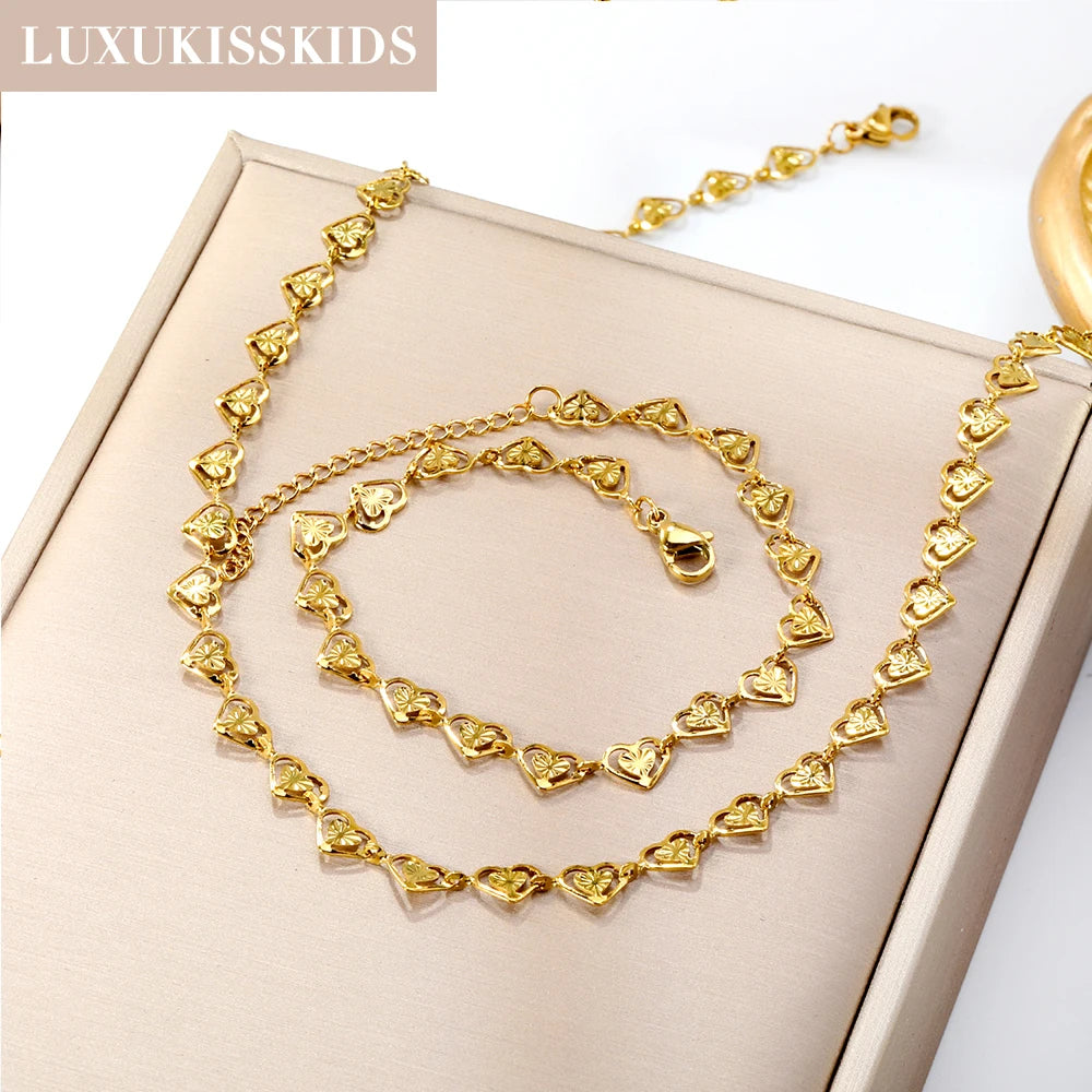 LUXUKISSKIDS Fashion Cubic Love Heart Necklace Earrings Bracelets Stainless Steel Minimalist Jewelry Set Women/Girls Accesories