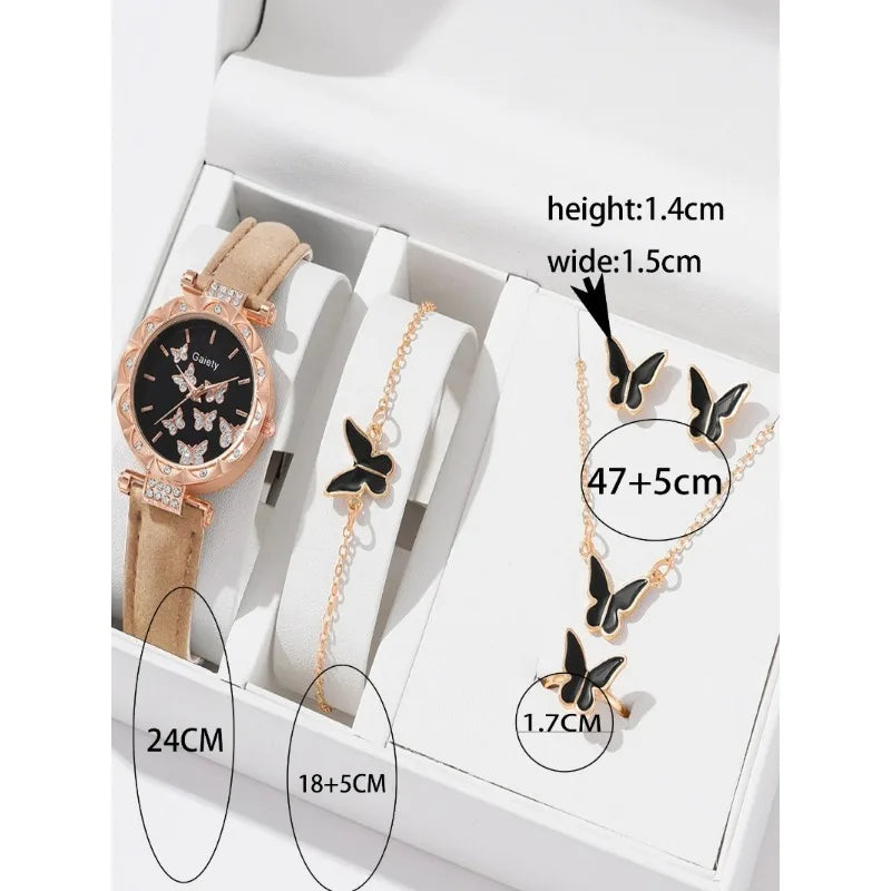 6pcs Luxury Watches Women's Ring Necklace Earrings Bracelet Set Watch Butterfly Leather strap Women's Quartz Watch No case