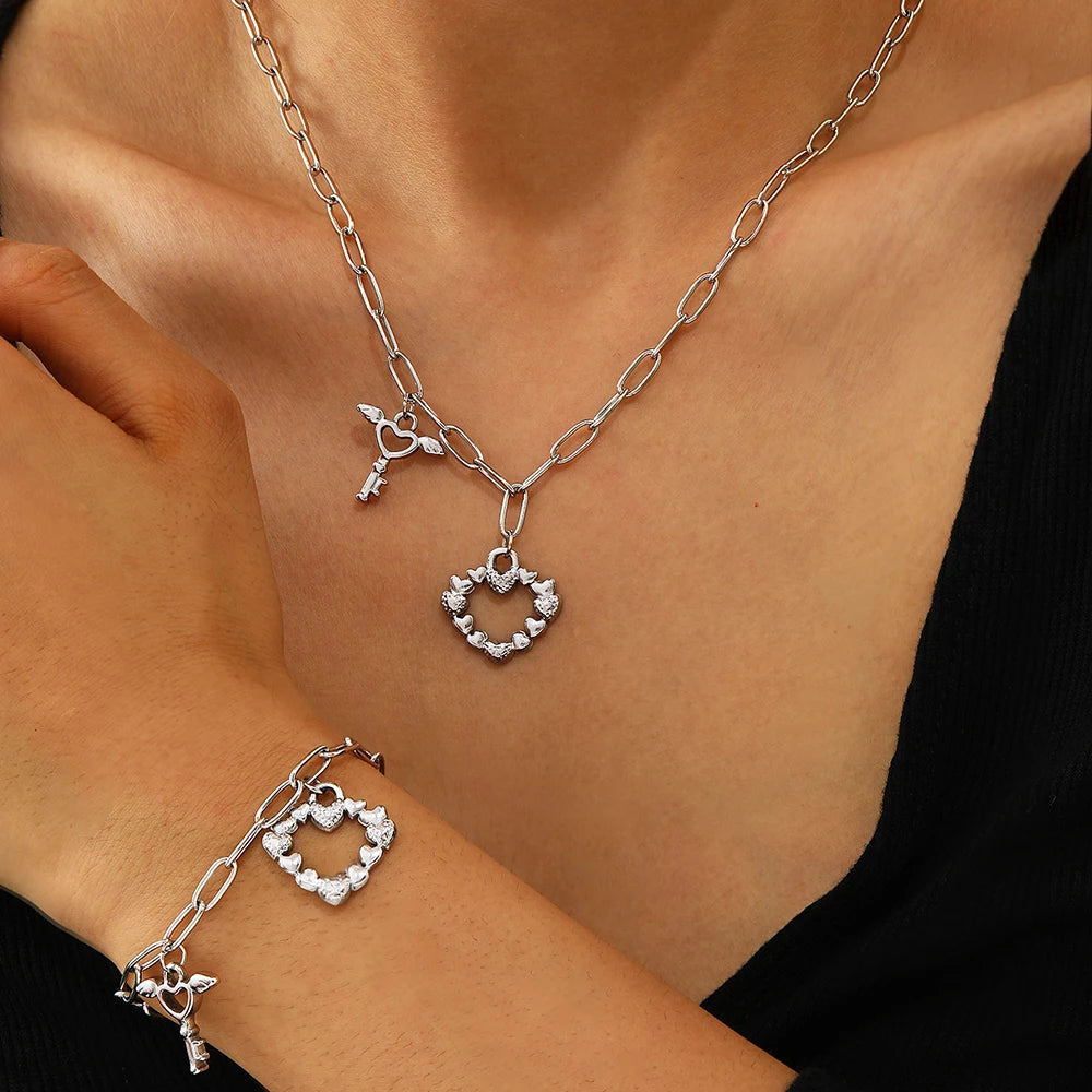 DOTIFI Stainless Steel Heart Bracelet Necklace Set Exquisite Heart Pendant Bohemian Bracelet Necklace Gift Women Fashion Jewelry