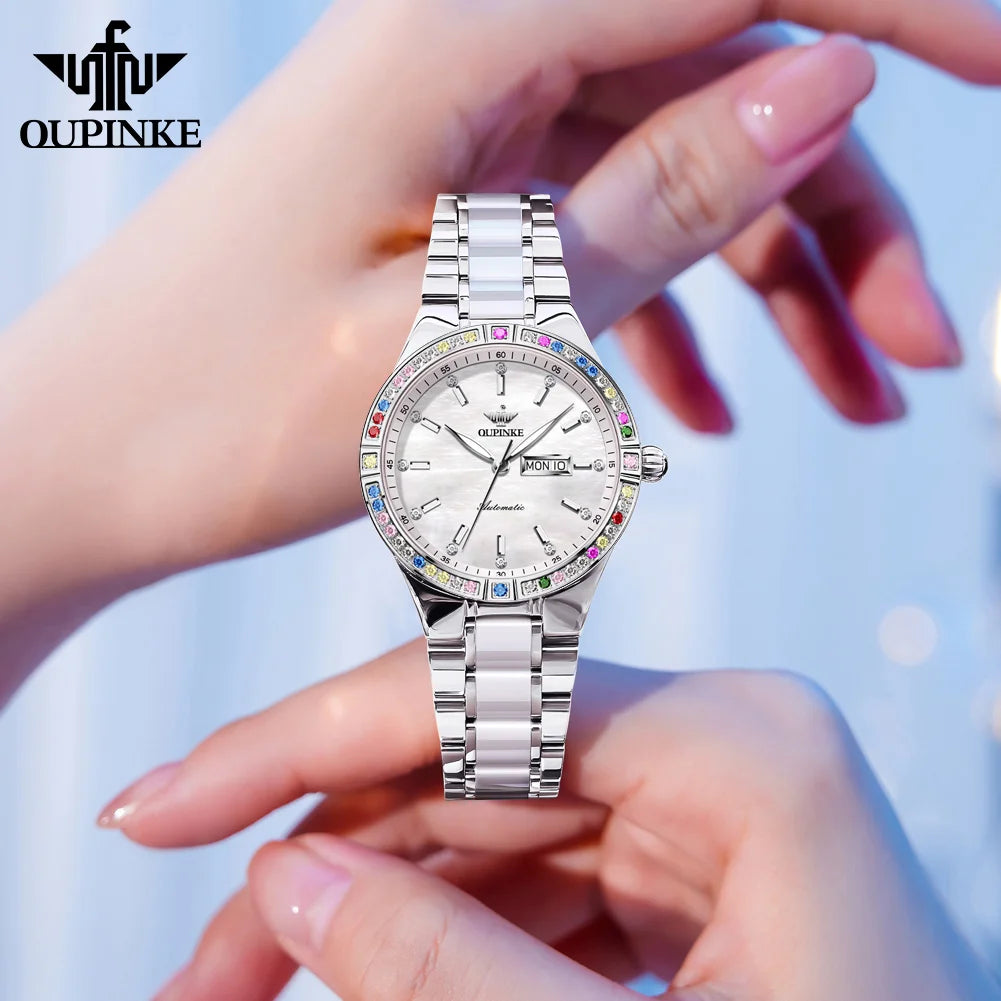 OUPINKE 3283 Women's Watch Luxury Dual Calendar Automatic Watch For Women Waterproof Mechanical Wristwatch Ceramic Steel Strap