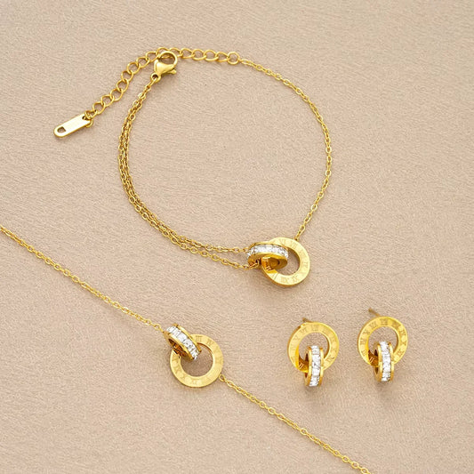 4Pcs/Set Stainless Steel Crystal Necklace Bracelet Earrings for Women Gold Color Interlocking Circles Roman Numbers Jewelry Sets