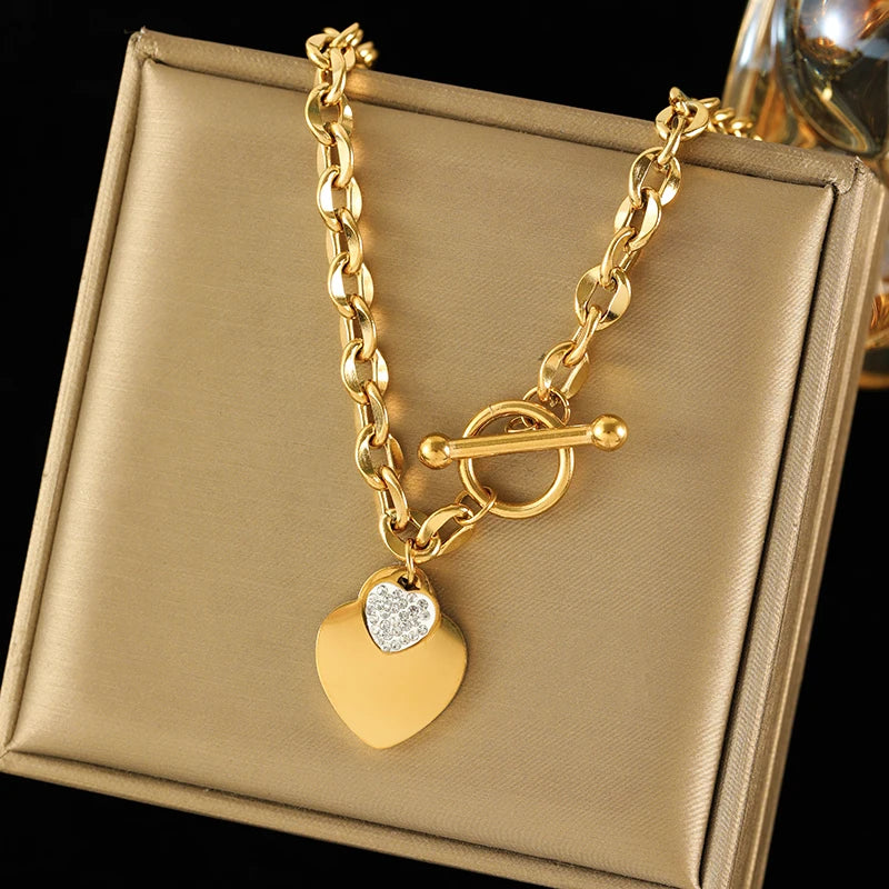 EILIECK New Fashion Stainless Steel Metal Double Heart Necklace Bracelet For Women Fashion Waterproof 3-Color Jewelry Set Gift