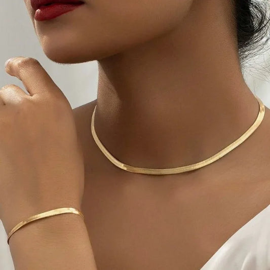 Joyería Mujer Golden Stainless Steel Snake Bone Chain Necklace Hip Hop Chic Women Simple Style Necklace Bracelet Sets Jewelry 팔찌