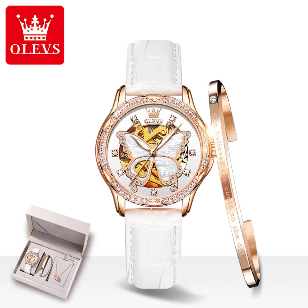 OLEVS 6622 Women Automatic Butterfly Dial Ceramic or Leather