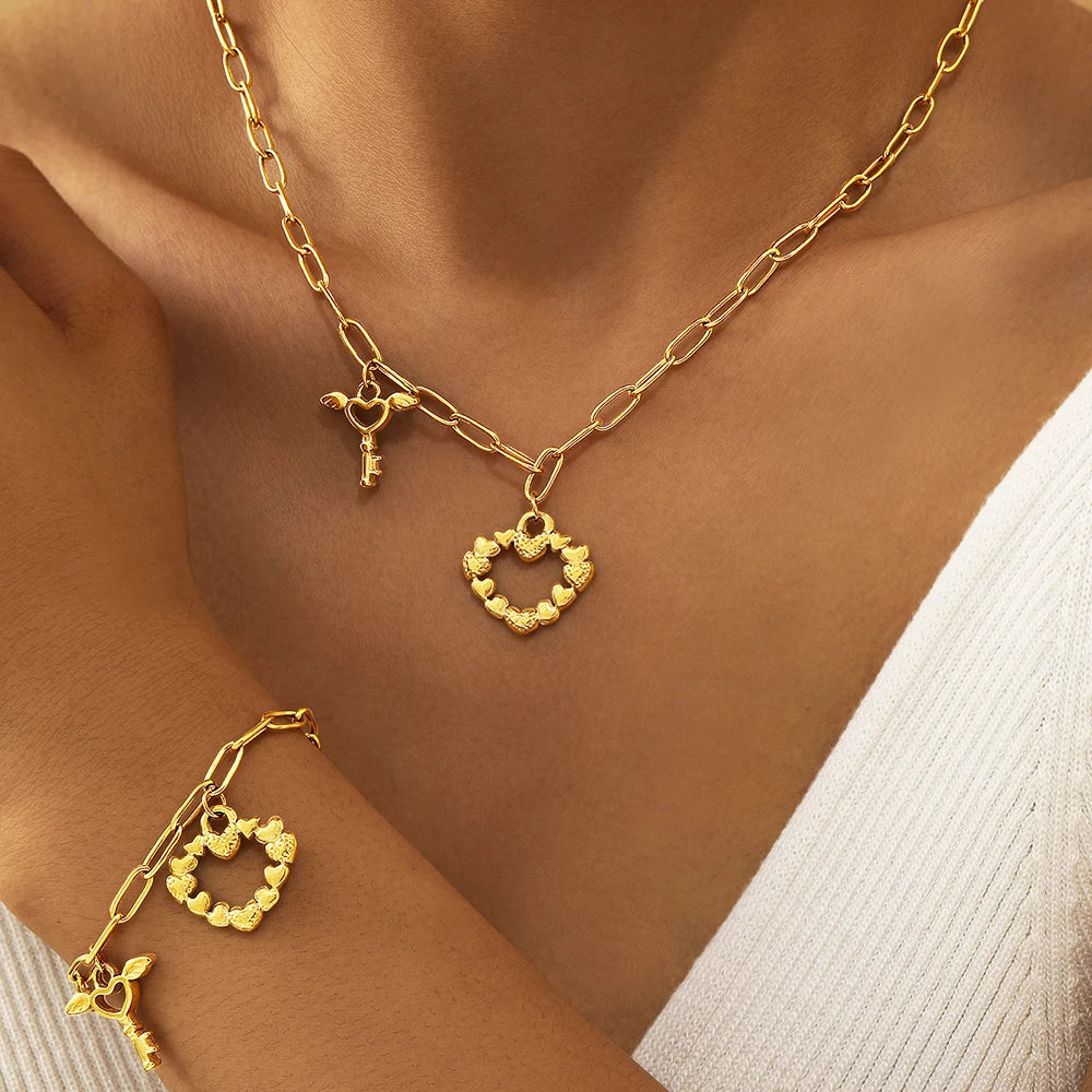 DOTIFI Stainless Steel Heart Bracelet Necklace Set Exquisite Heart Pendant Bohemian Bracelet Necklace Gift Women Fashion Jewelry