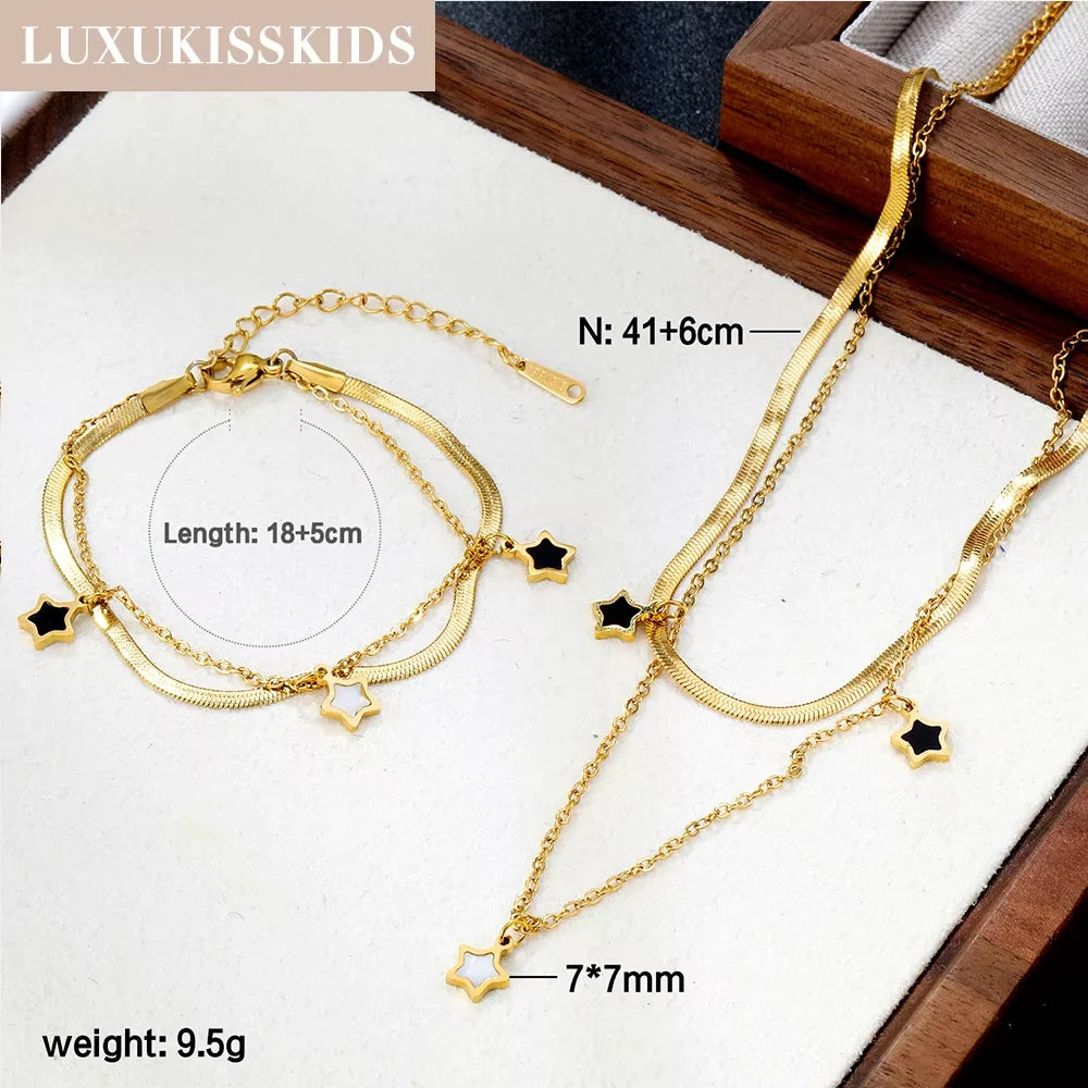 LUXUKISSKIDS Fashion Cubic Love Heart Necklace Earrings Bracelets Stainless Steel Minimalist Jewelry Set Women/Girls Accesories