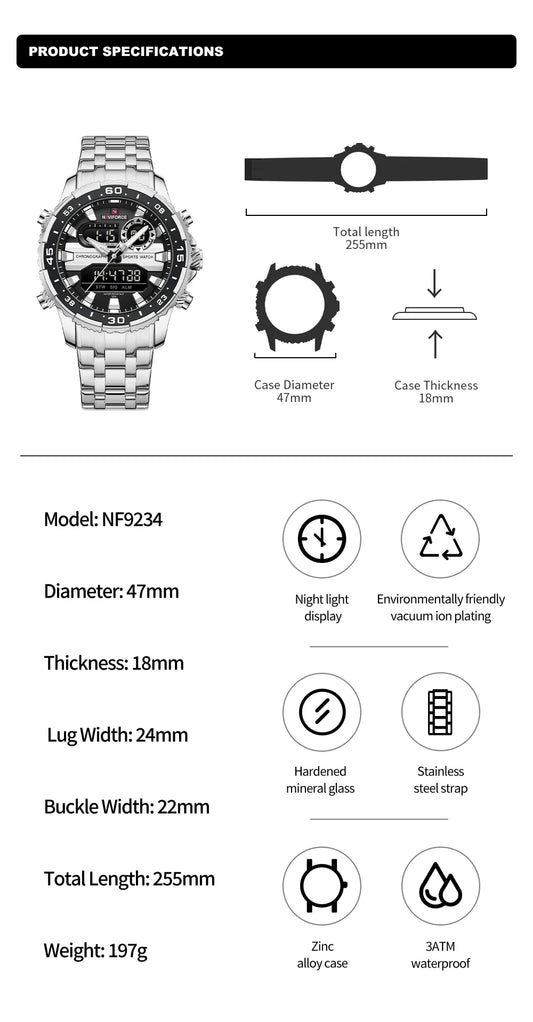 NAVIFORCE NF9234 Original Trend Brand LCD Display Analog Digital Quartz Man Luminous Wristwatch
