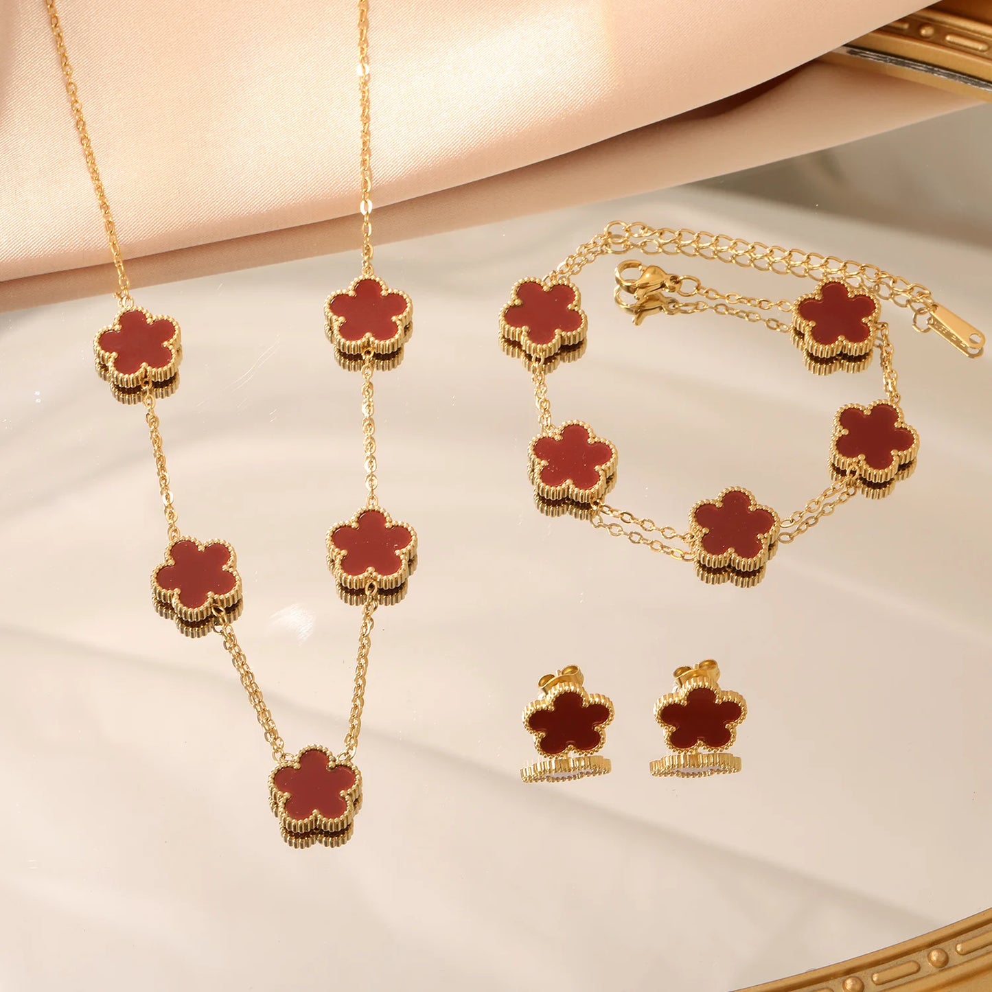 Urban Gear-Fashion Flower Necklace Earrings Set Jewelry Women Stainless Steel White Shell Clover Bracelet Jewelry Accessories