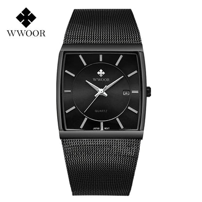 WWOOR Luxury Gold Watch Men Square Japan Quartz Slim Steel Mesh