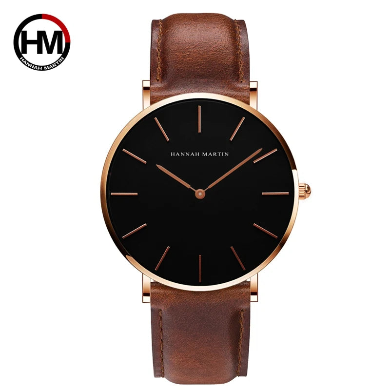 HANNAH MARTIN Men's Leather Watch Original Quartz Movement Business Sports 40mm TK Fashion Watch for Men