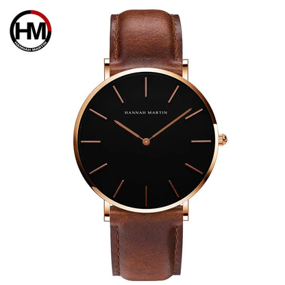 HANNAH MARTIN Men's Leather Watch Original Quartz Movement Business Sports 40mm TK Fashion Watch for Men