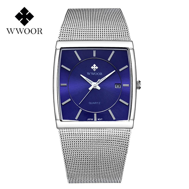 WWOOR Luxury Gold Watch Men Square Japan Quartz Slim Steel Mesh