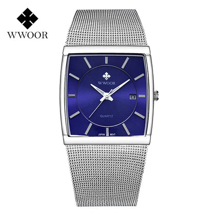 WWOOR Luxury Gold Watch Men Square Japan Quartz Slim Steel Mesh